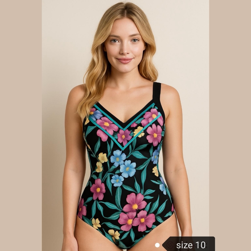 NWT Sea Queen black floral one piece bathing suit size 10